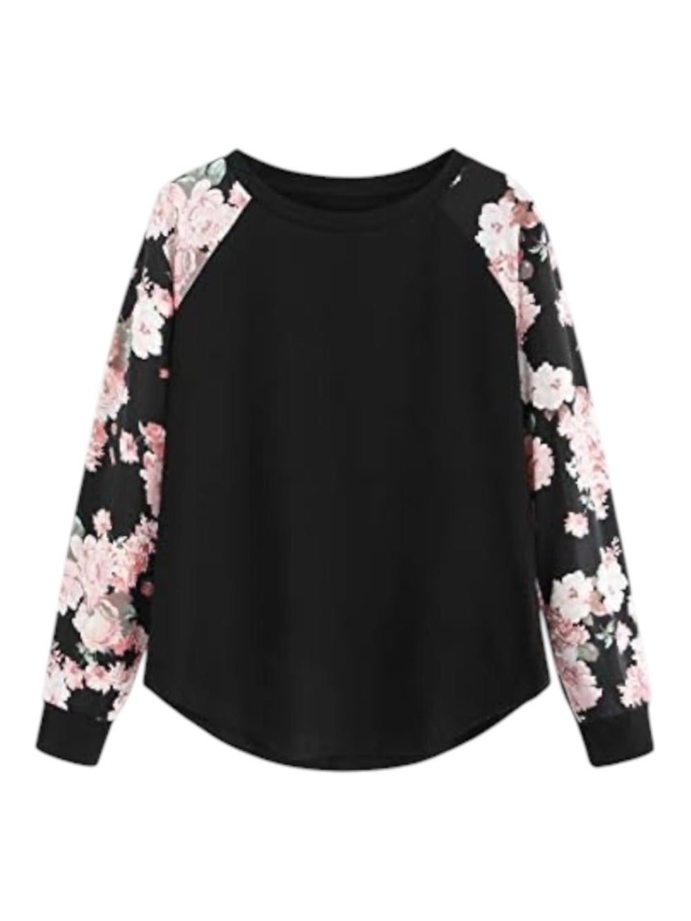 Curve Black Raglan Pink Floral Print Long Sleeve Top Size 1XL